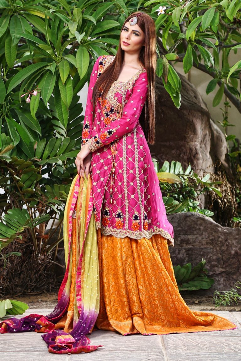 Pakistani Traditional Lehnga Choli Mehndi Dress by Sana Abbas in Bright Colors