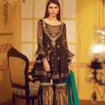 Banarsi Mehndi Outfit by Sarosh Salman with Maysuri Gharara Pants and Chiffon Dupatta