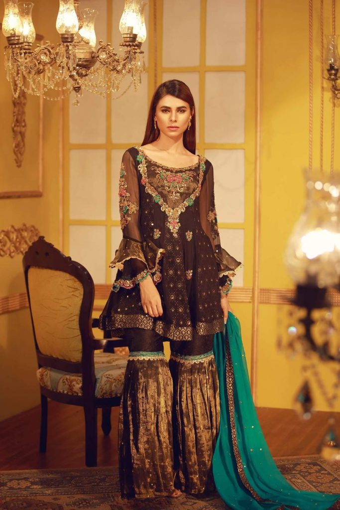 Banarsi Mehndi Outfit by Sarosh Salman with Maysuri Gharara Pants and Chiffon Dupatta