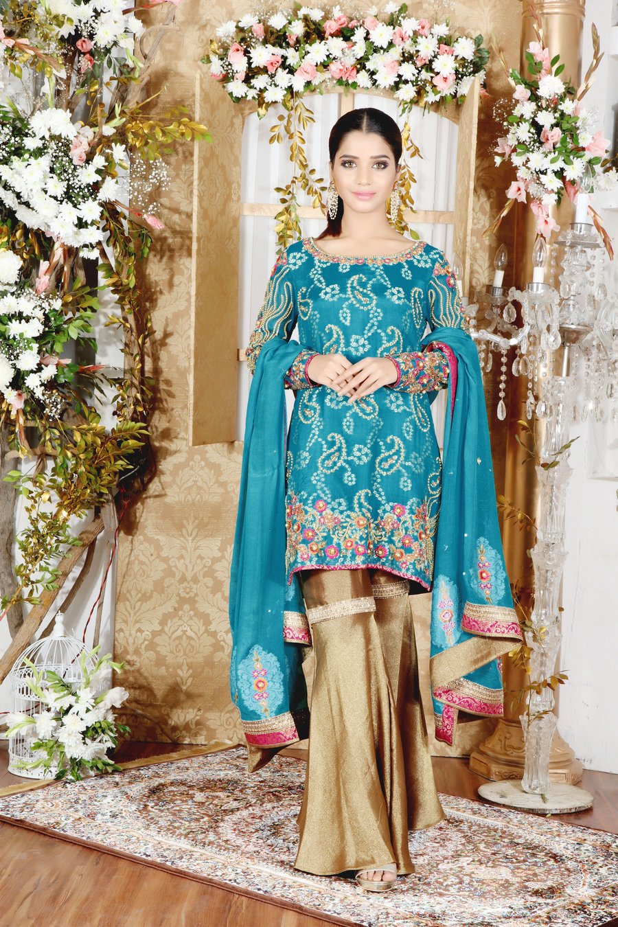 Karandi Chiffon with Traditional Resham and Zardozi Work embellished with pears, sequins and stone with Gharara Pants in Maysuri Fabric and Khaadi Chiffon Dupatta