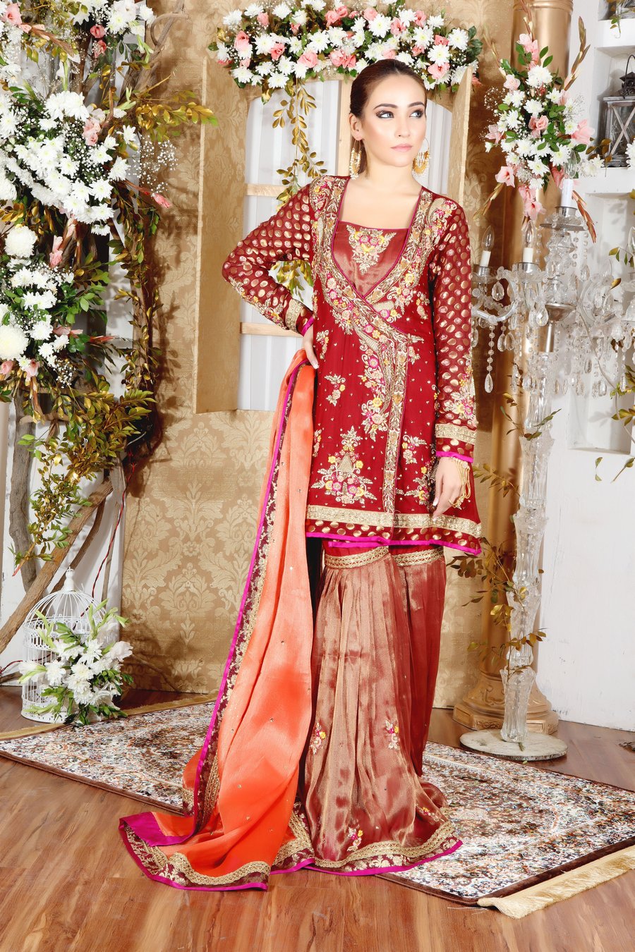 Majestic Maroon Mehndi Angrakha Dress with Gharara Pants and Chiffon Dupatta by Sarosh Salman