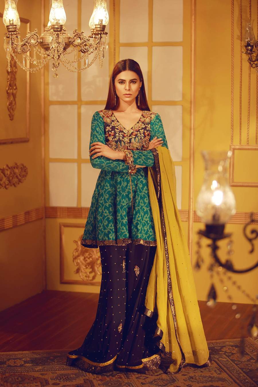 Mehndi Dresses by Sarosh Salman features this Khaadi Chiffon Peplum Top with Resham & Zardozi Work featuring a Palazzo Pants with Warm Olive Dupatta