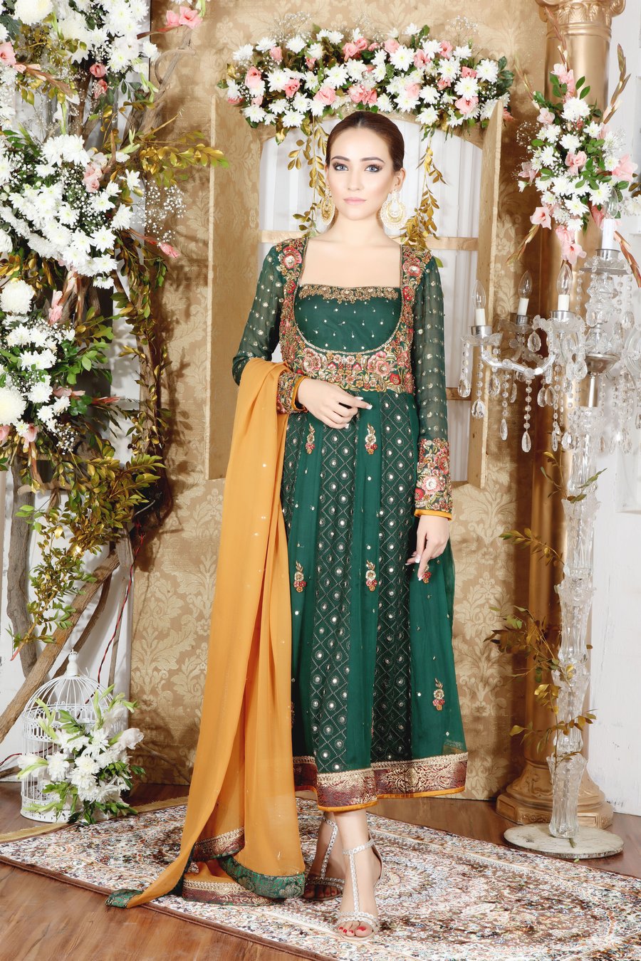 Pure Chiffon Peshwas with multi color Resham work by Sarosh Salman Mehndi Dress with Jamawar Pant and Mustard Chiffon Dupatta