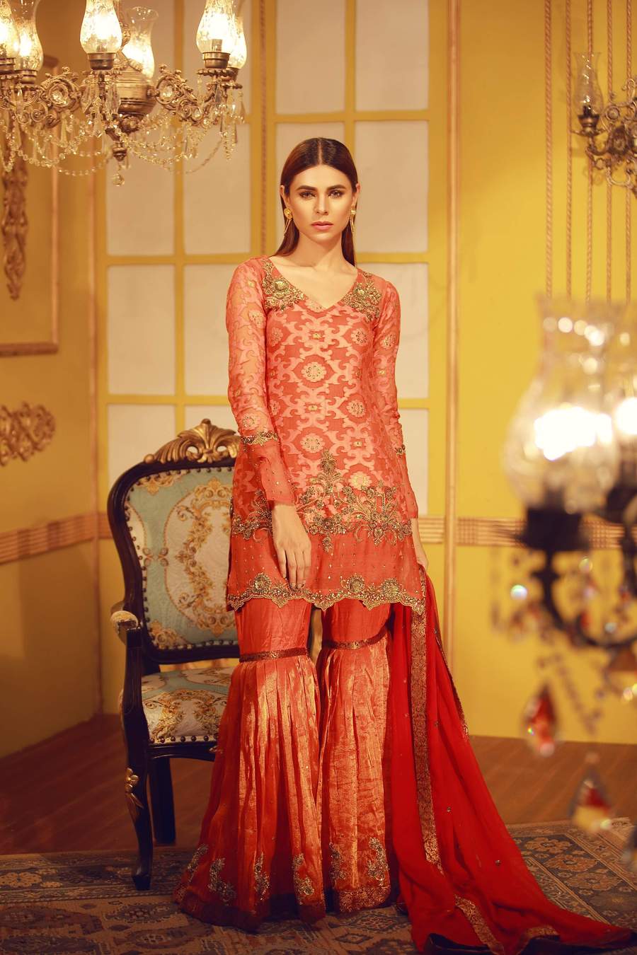 Pure self & zari organza Mehndi outfit with zardozi work,paired with maysuri gharara pants with zardozi motifs