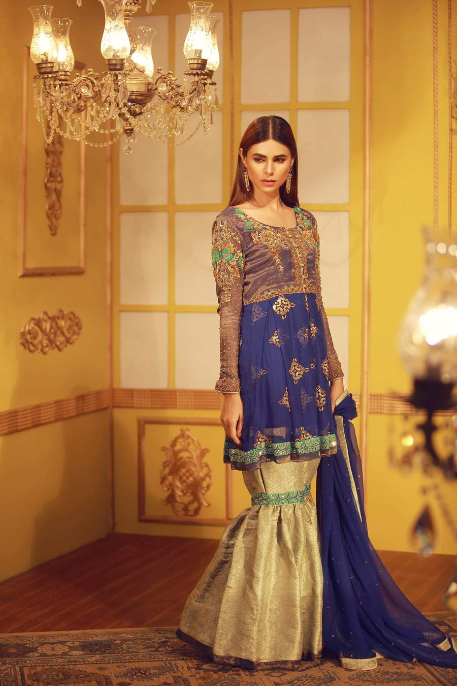 Royal Blue Zardozi Work Chiffon Peplum Mehndi Dress by Sarosh Salman paired with Jamawar Gharara Pants in Mint Color and Pure Chiffon Dupatta