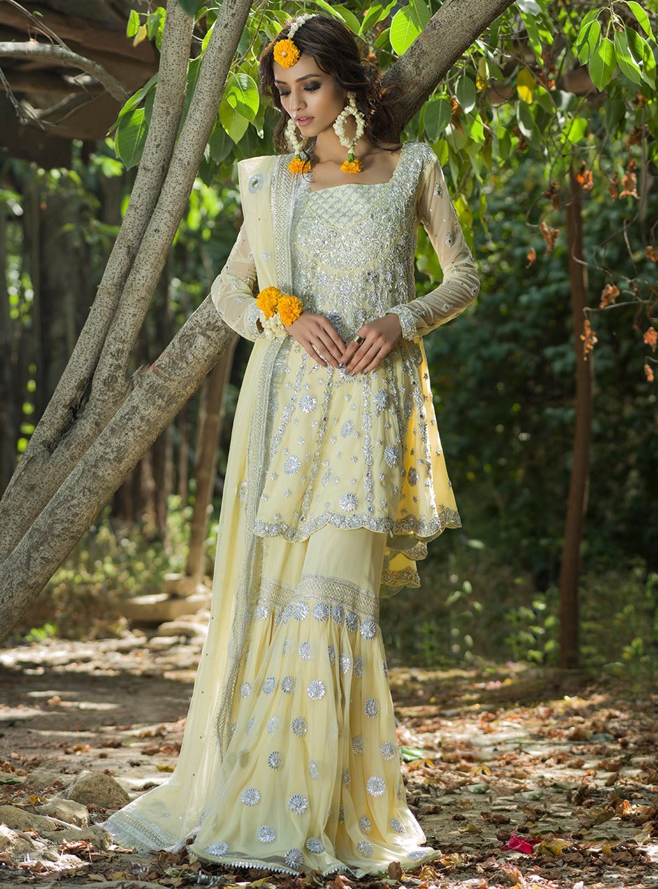 Lemon Yellow Mehndi Sharara - Bridal Mehndi Dresses