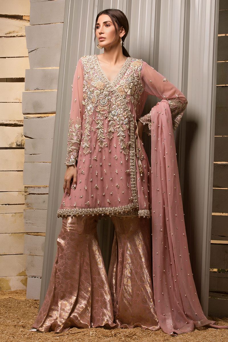 Net Angrakha with Raw Silk Gharara Pants by Annus Abrar