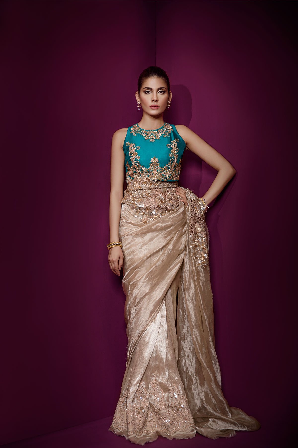 Silk Saree for Pakistani Mehndi Function Online by Ammara Khan