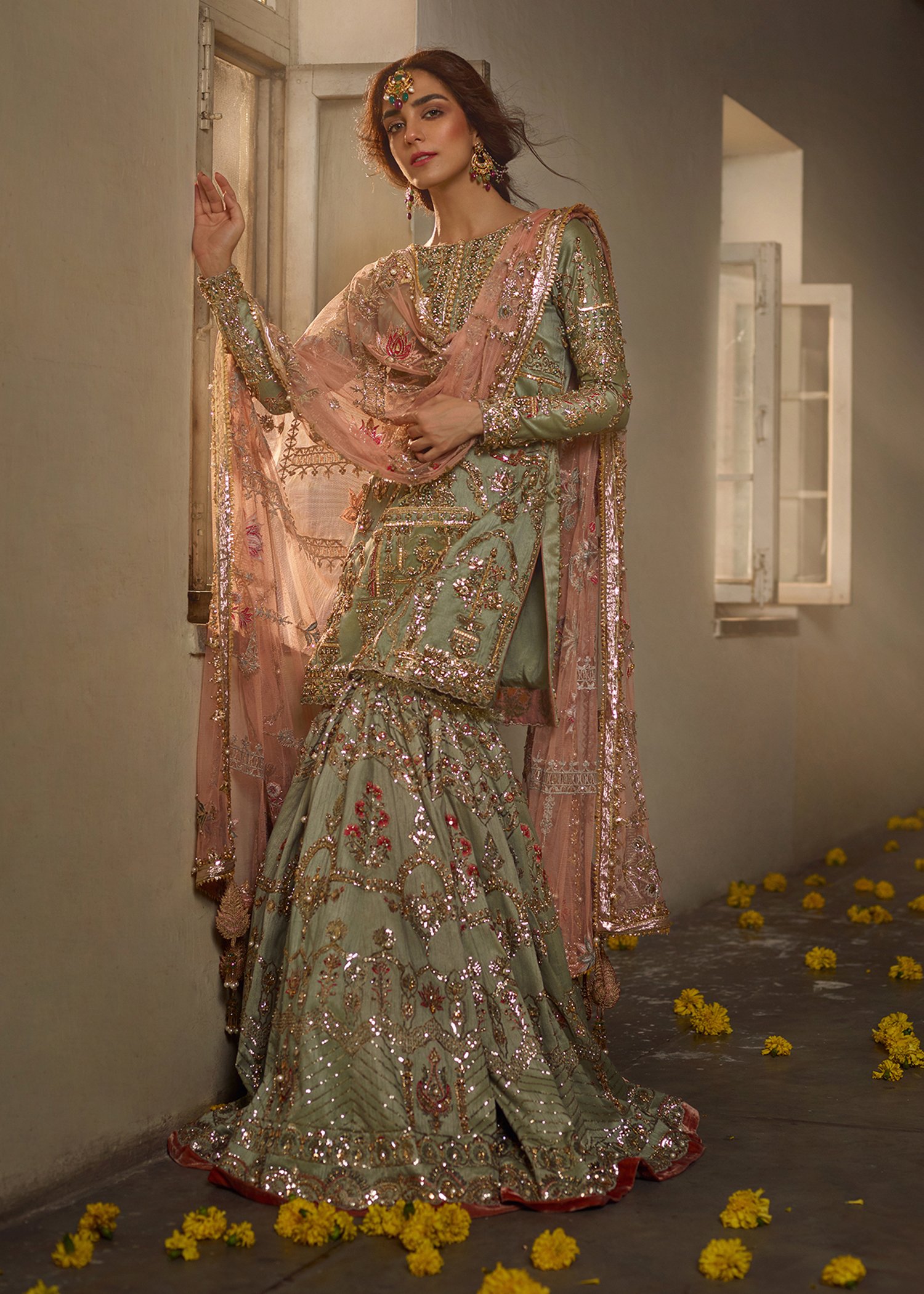 green mehndi gharara by mohsin naveed ranjha