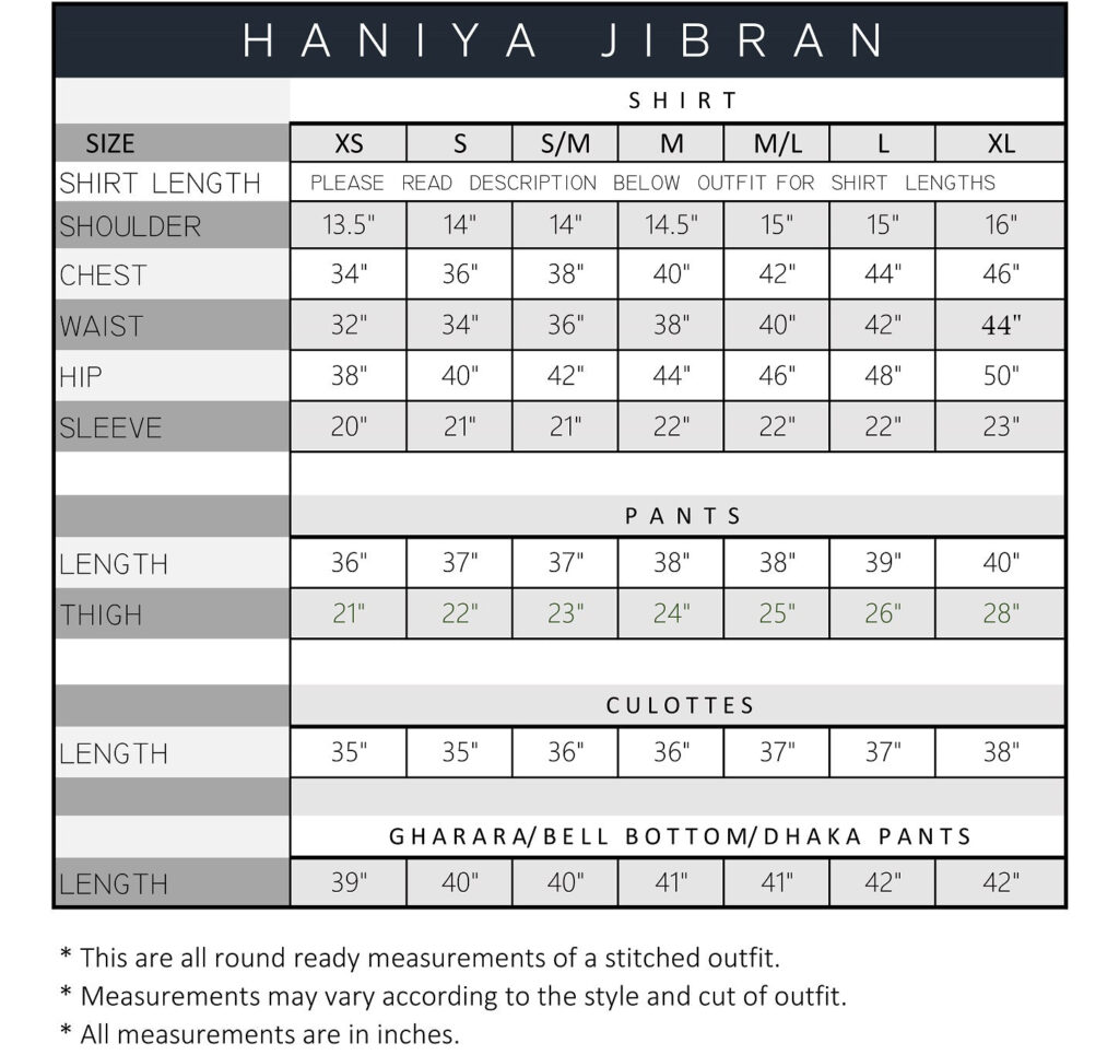 size chart Dress for Eid ul-Fitr 2022